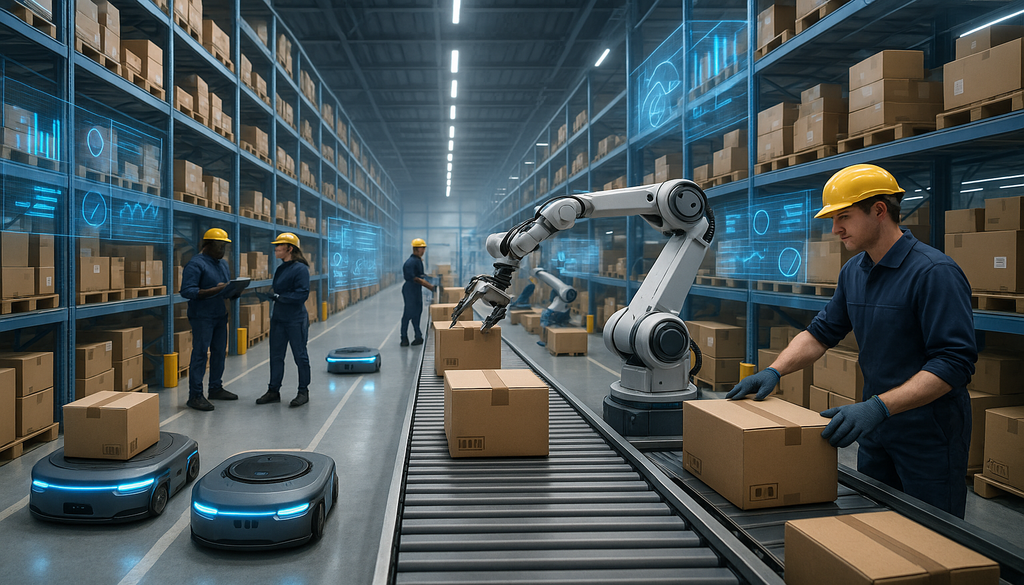 "Autonomous robots and AI robotic arms sorting packages in a futuristic order fulfillment warehouse."