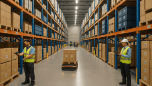 "Tall shelving with barcoded pallets and RFID tags in a modern warehouse, workers scanning items."