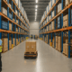 "Tall shelving with barcoded pallets and RFID tags in a modern warehouse, workers scanning items."