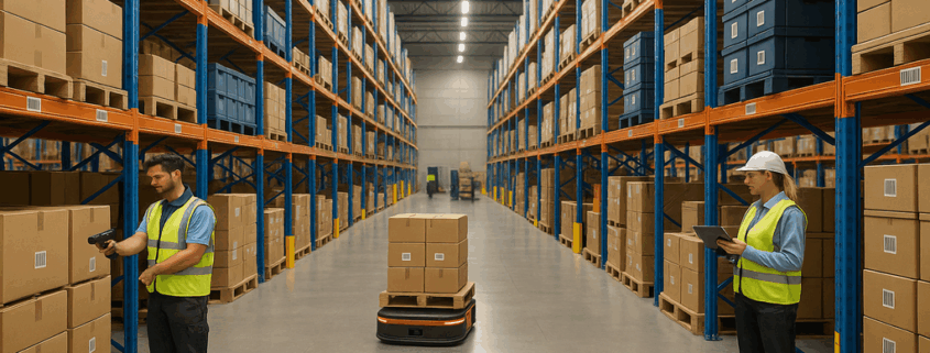 "Tall shelving with barcoded pallets and RFID tags in a modern warehouse, workers scanning items."