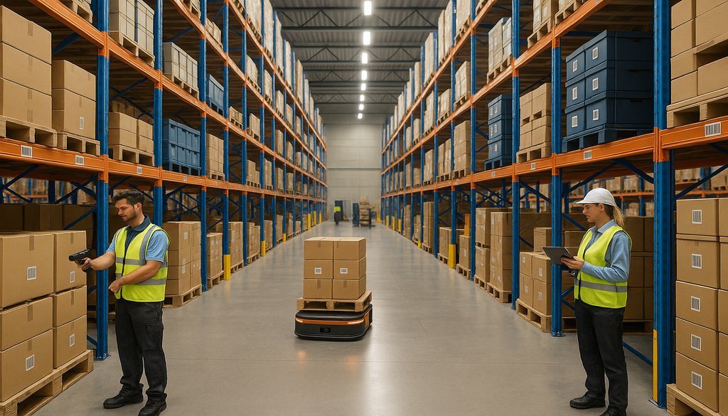 "Tall shelving with barcoded pallets and RFID tags in a modern warehouse, workers scanning items."