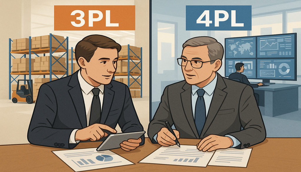 Professionals discussing logistics with 3PL warehouse and 4PL control center comparison.