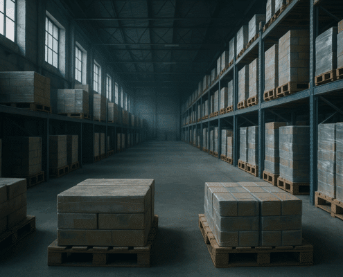 "Dusty, unused pallets in warehouse highlighting deadstock meaning, with soft natural lighting."