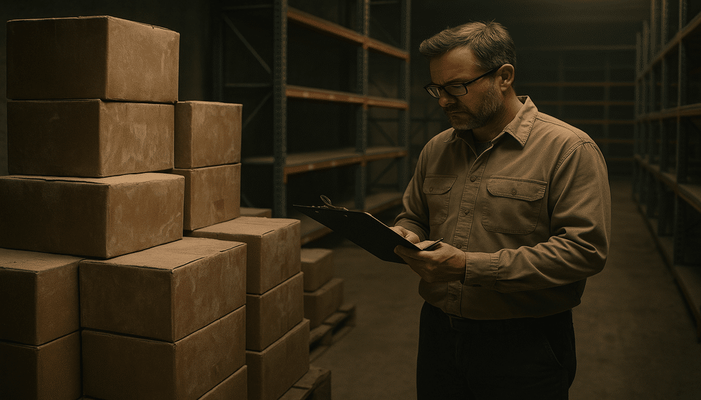 Warehouse manager inspecting unsold deadstock boxes in storage area.