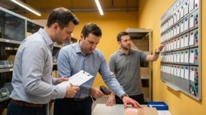 Managers verifying shipment with scanner