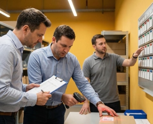 Managers verifying shipment with scanner