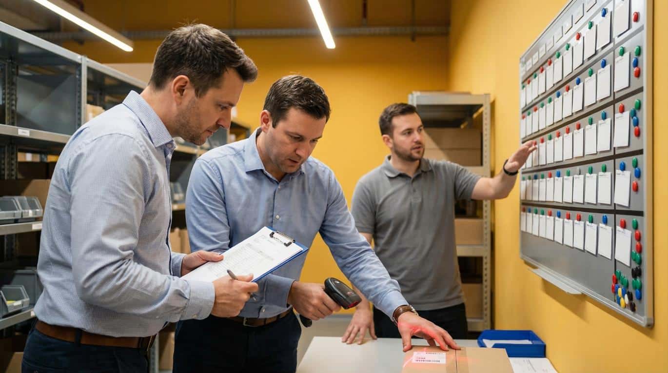 Managers verifying shipment with scanner