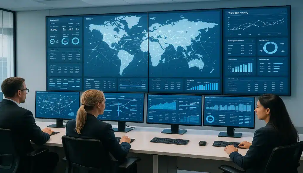 Control room with managers and screens illustrating 4PL supply chain oversight.