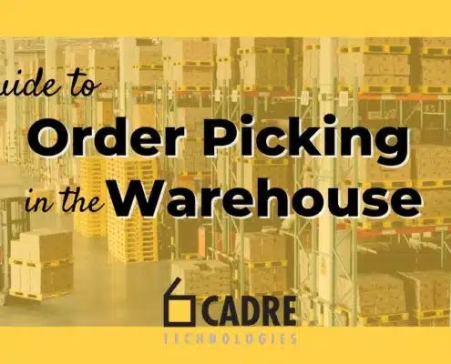 Warehouse order picking guide with tall storage racks and Cadre Technologies branding