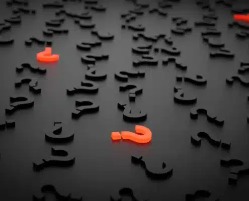 Red glowing question marks among black ones representing WMS selection decisions