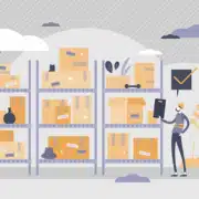 Inventory Management - warehouse shelves and man with clipboard