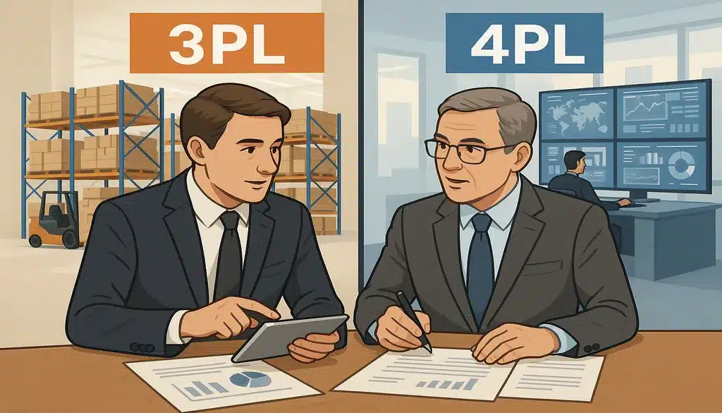 Professionals discussing logistics with 3PL warehouse and 4PL control center comparison.