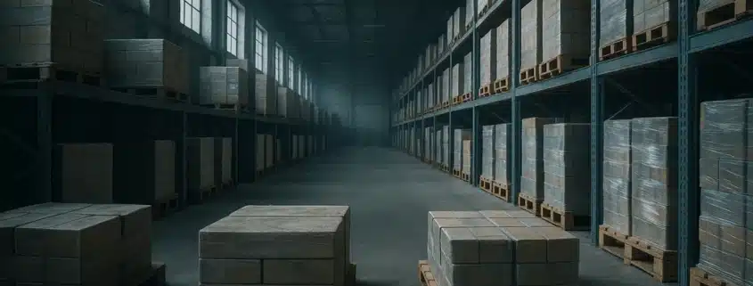 "Dusty, unused pallets in warehouse highlighting deadstock meaning, with soft natural lighting."