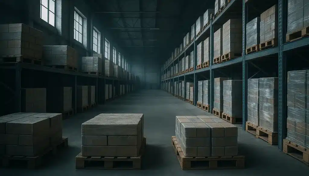 "Dusty, unused pallets in warehouse highlighting deadstock meaning, with soft natural lighting."