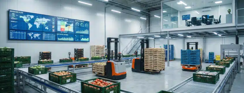 Modern food supply chain warehouse with conveyor belts and robotic forklifts under bright lights, featuring real-time data displays.
