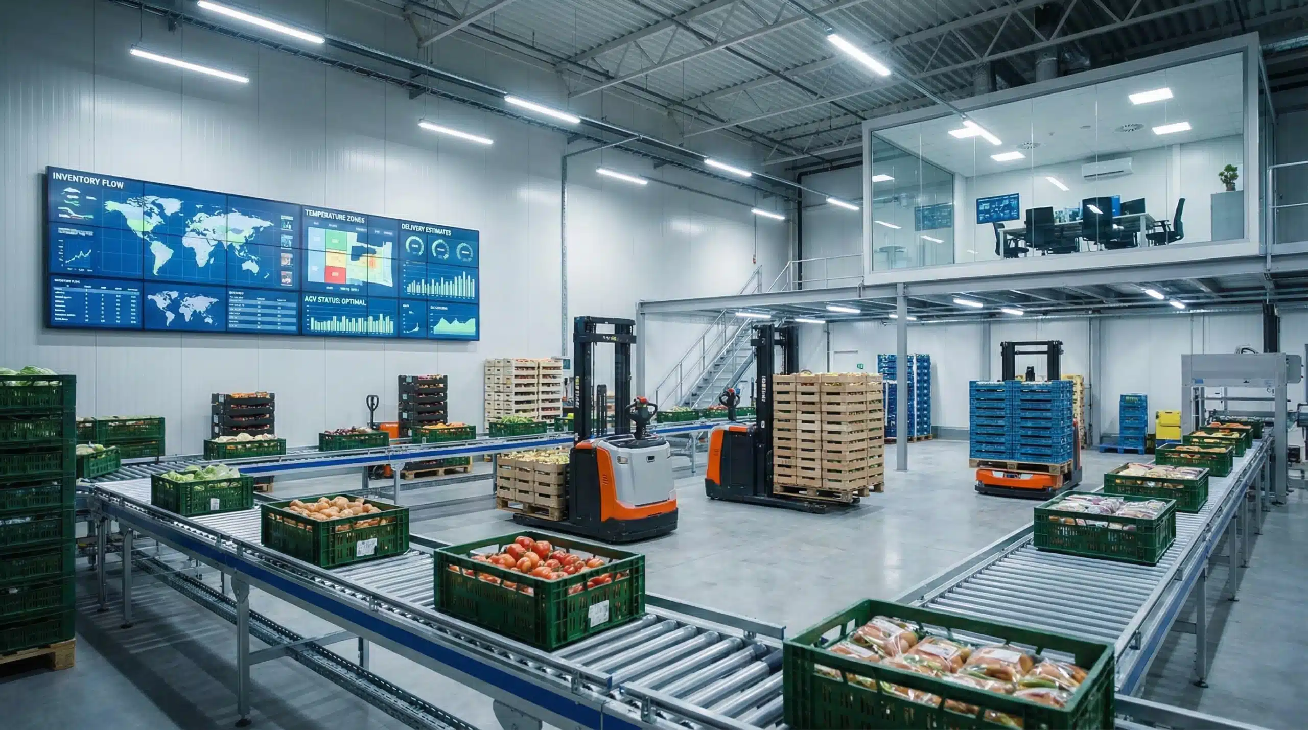 Automated food warehouse with conveyor belts, robotic equipment, and supply chain analytics dashboard