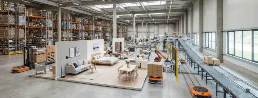 Contemporary furniture warehouse with styled displays and robotic logistics for online sales.