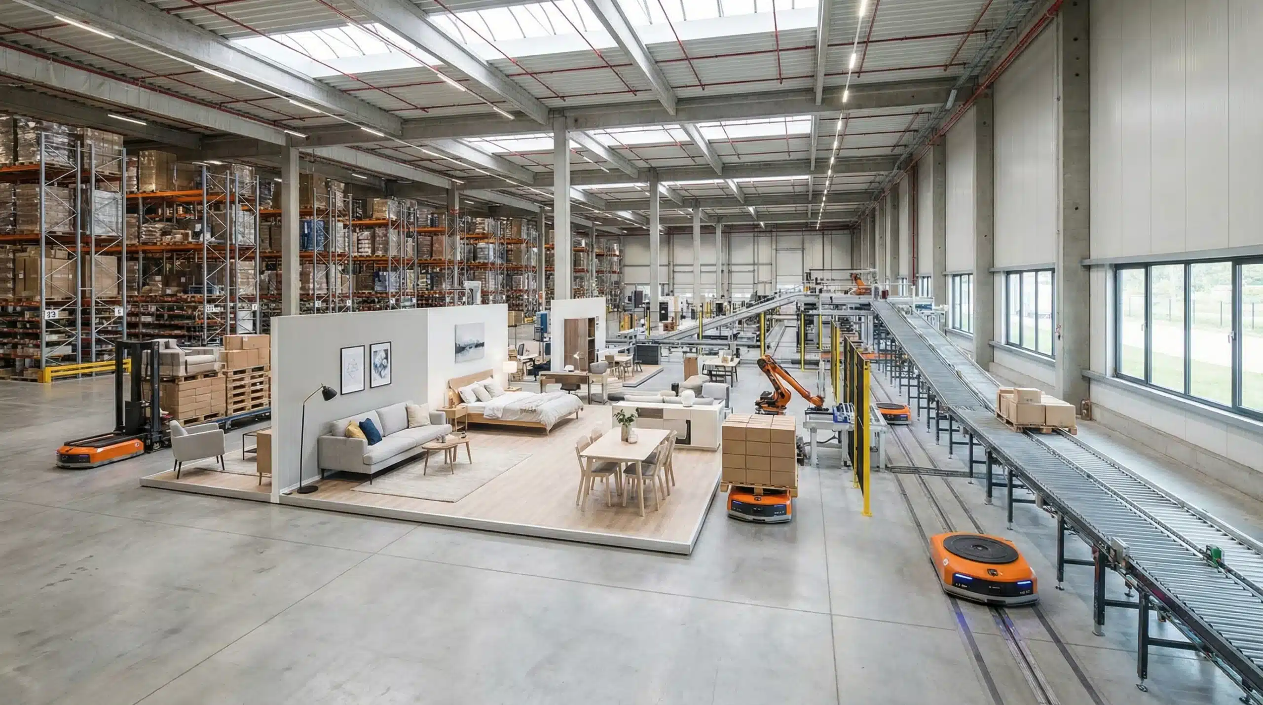 Contemporary furniture warehouse with styled displays and robotic logistics for online sales.