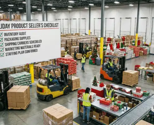 Holiday product sellers checklist in a bustling warehouse preparing for the season.