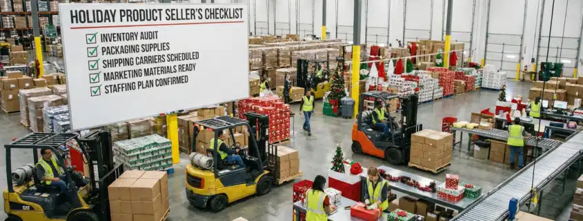 Holiday product sellers checklist in a bustling warehouse preparing for the season.