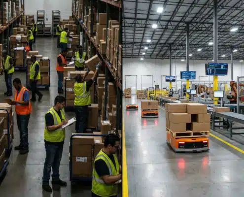 Contrasting modern warehouse with manual operations and advanced Good Enough Tech automation.