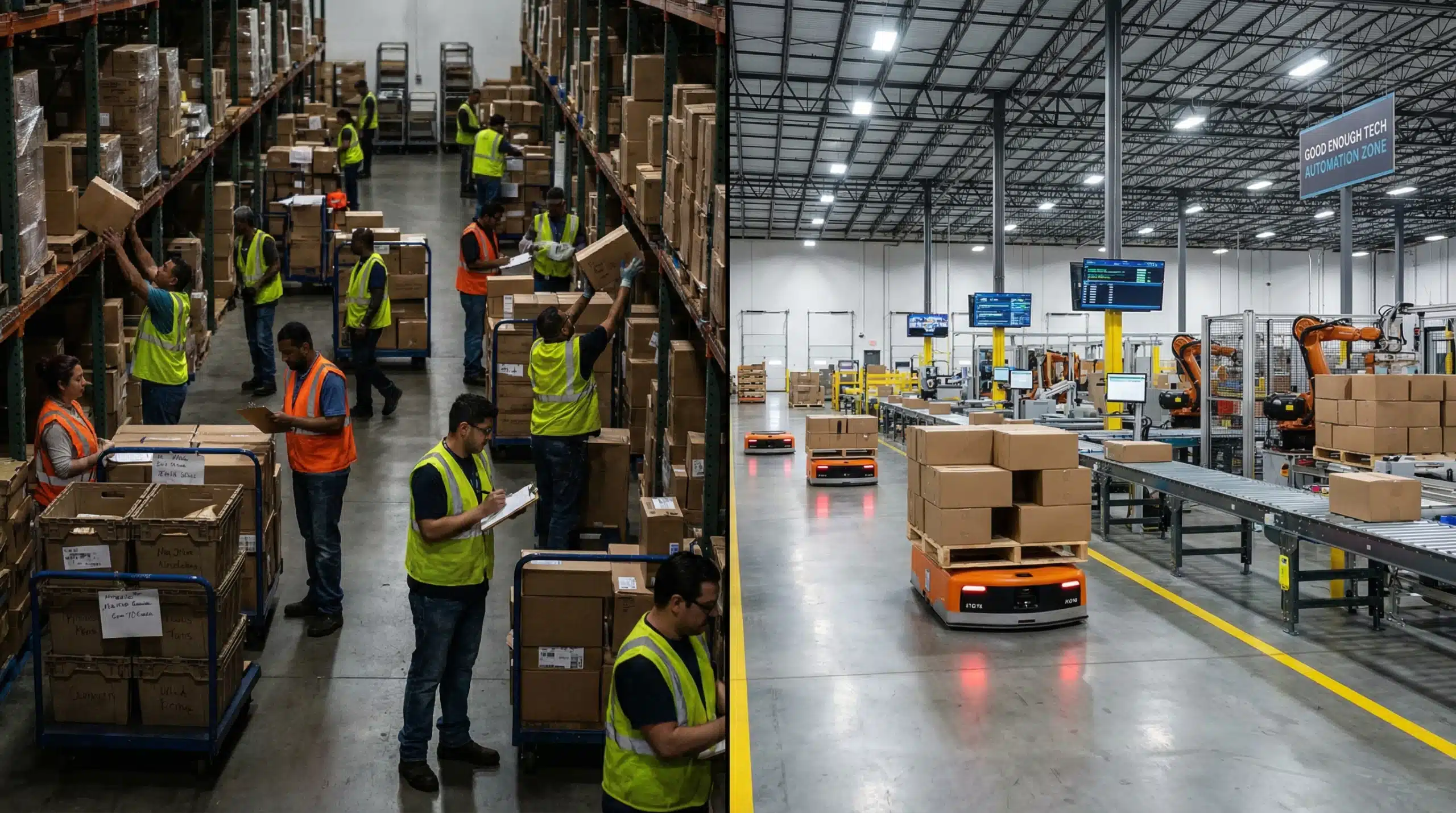 Contrasting modern warehouse with manual operations and advanced Good Enough Tech automation.