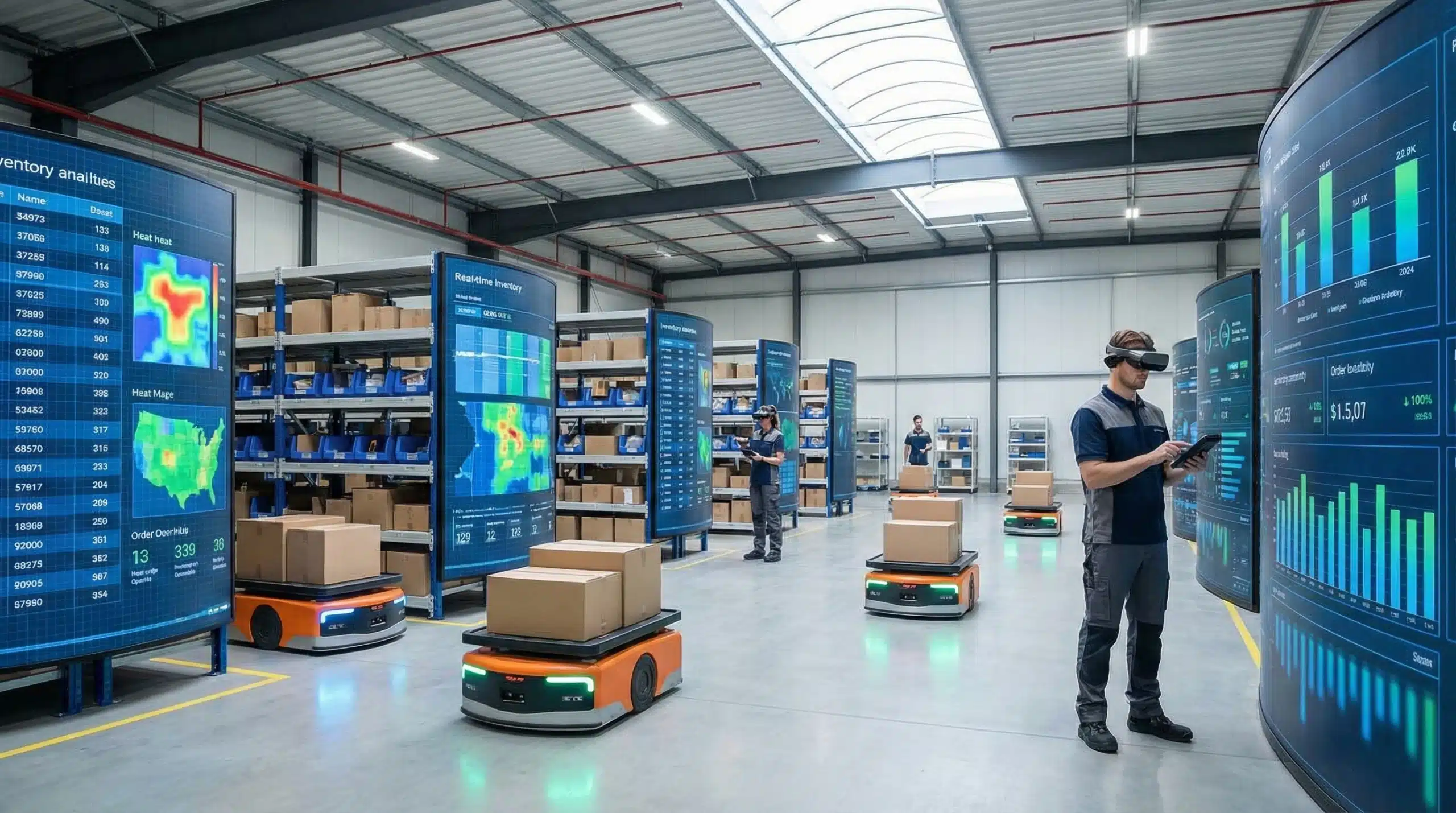 Robotic carts and workers manage inventory in a bustling on-demand warehousing facility with glowing digital displays.