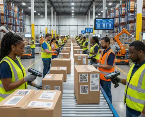 Workers use handheld scanners on boxes with 1D and 2D barcodes in a modern warehouse.
