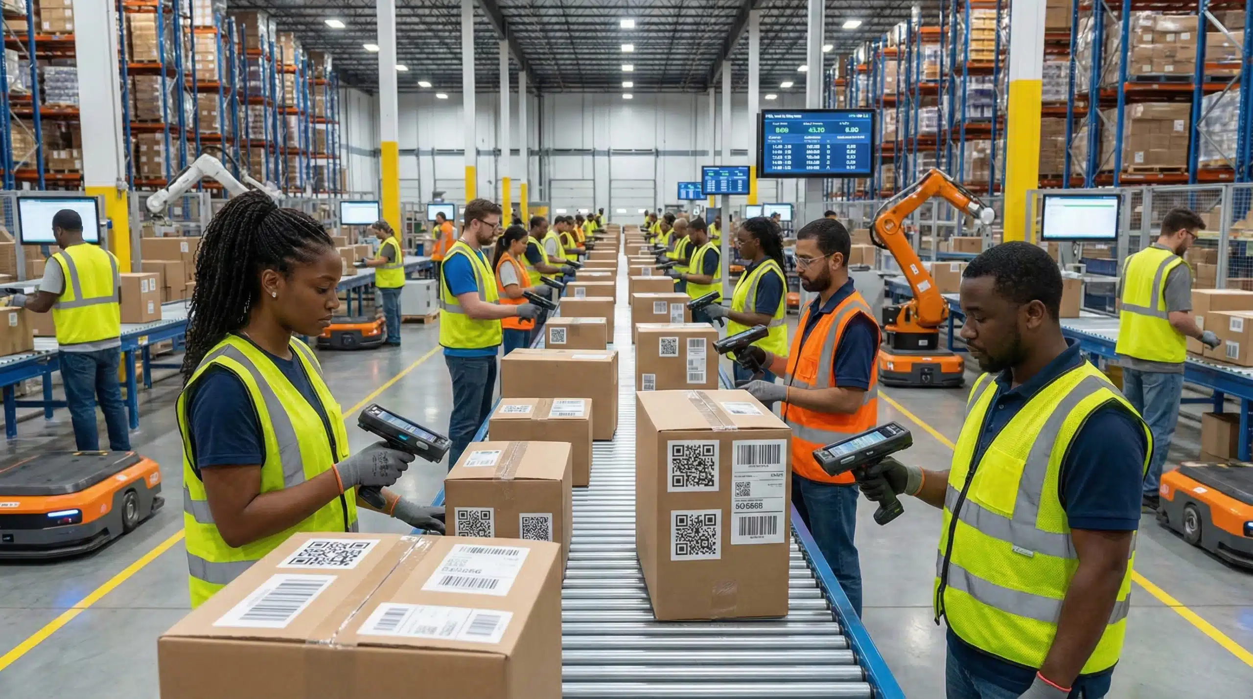 Workers use handheld scanners on boxes with 1D and 2D barcodes in a modern warehouse.