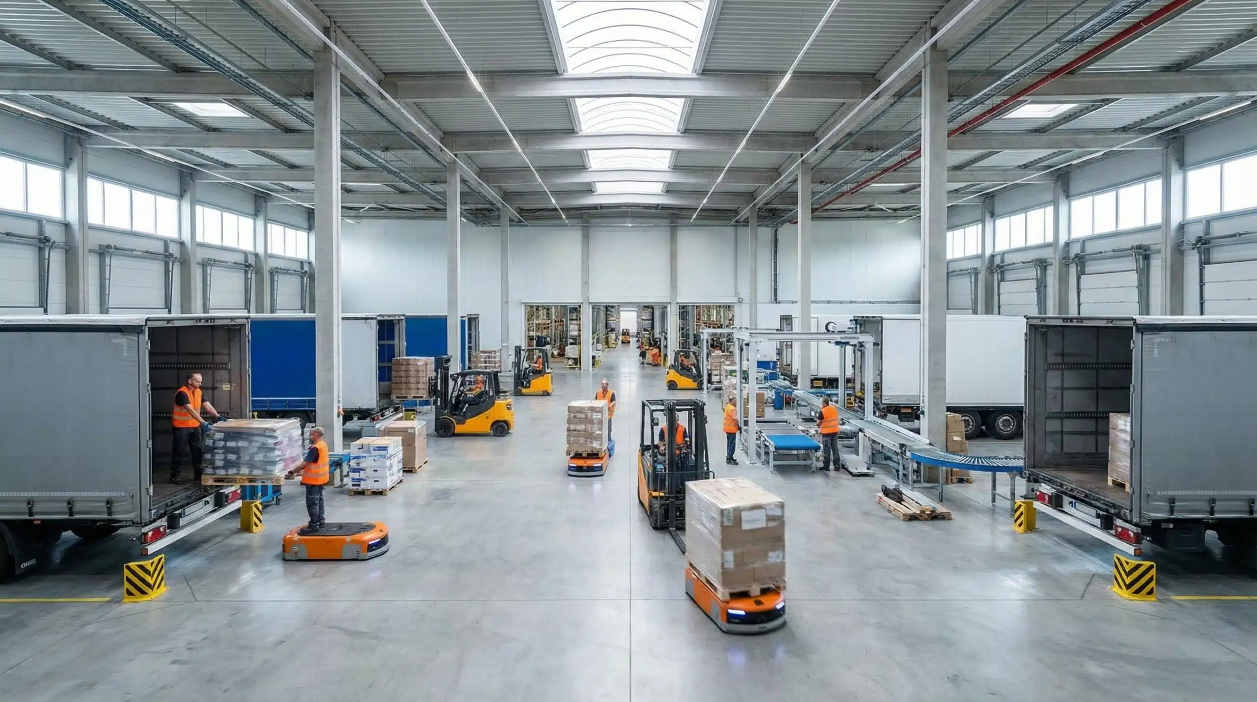 Cross docking warehouse with workers and robots moving pallets between trucks.