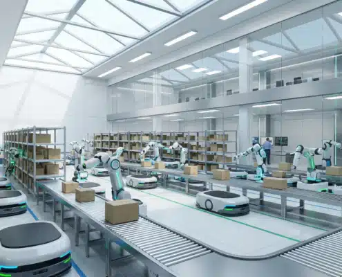 Autonomous robots and AI robotic arms sorting packages in a futuristic order fulfillment warehouse.