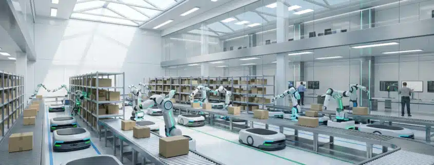 Autonomous robots and AI robotic arms sorting packages in a futuristic order fulfillment warehouse.