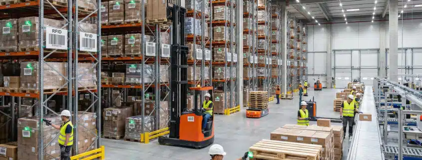 Tall shelving with barcoded pallets and RFID tags in a modern warehouse, workers scanning items.