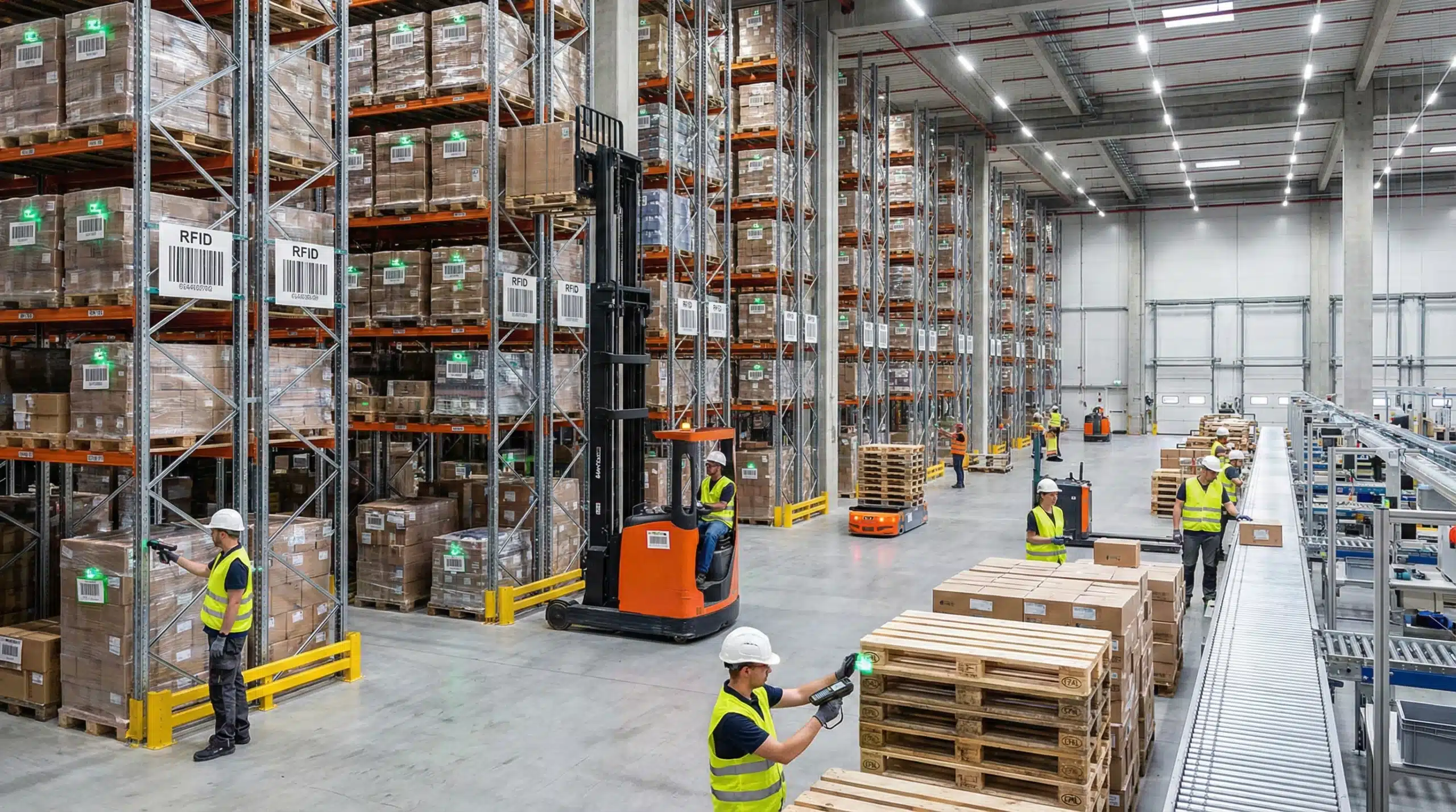 Tall shelving with barcoded pallets and RFID tags in a modern warehouse, workers scanning items.
