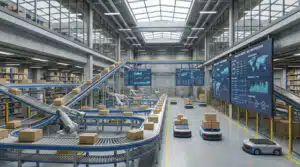 Modern automated warehouse with conveyor systems and digital monitoring screens showing 3PL logistics operations