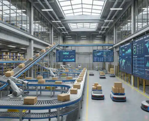 Modern automated warehouse with conveyor systems and digital monitoring screens showing 3PL logistics operations