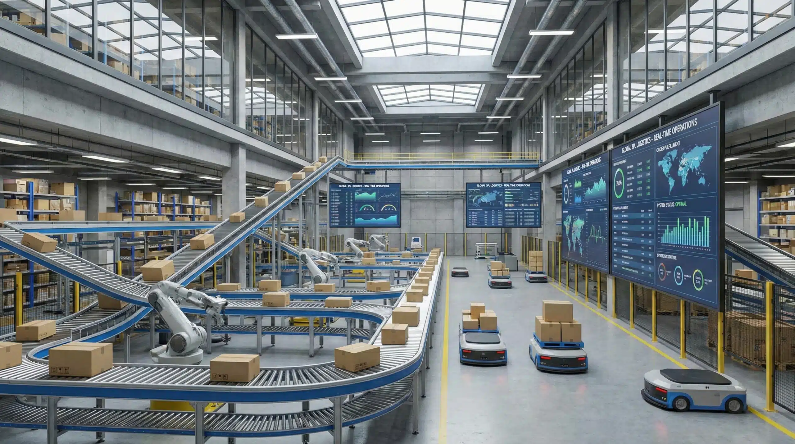 Modern automated warehouse with conveyor systems and digital monitoring screens showing 3PL logistics operations