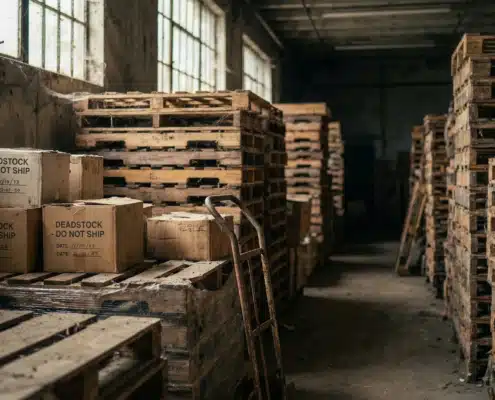 Dusty, unused pallets in warehouse highlighting deadstock meaning, with soft natural lighting.