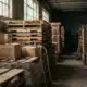 Dusty, unused pallets in warehouse highlighting deadstock meaning, with soft natural lighting.