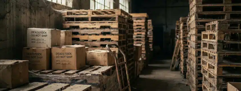 Dusty, unused pallets in warehouse highlighting deadstock meaning, with soft natural lighting.