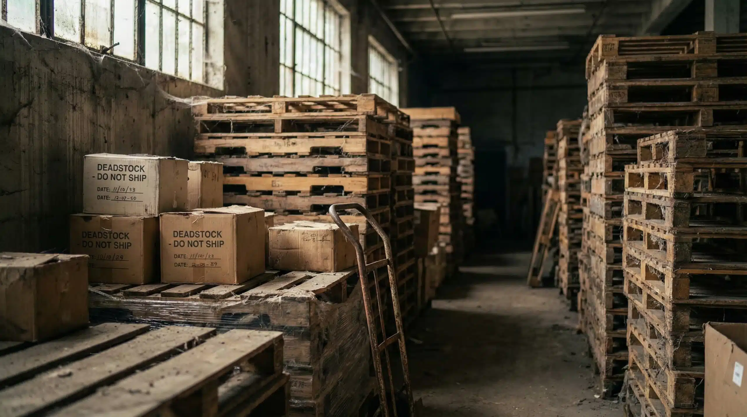 Dusty, unused pallets in warehouse highlighting deadstock meaning, with soft natural lighting.