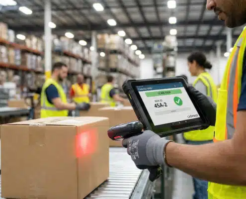 Cadence WMS warehouse management software showing worker scanning boxes in distribution center
