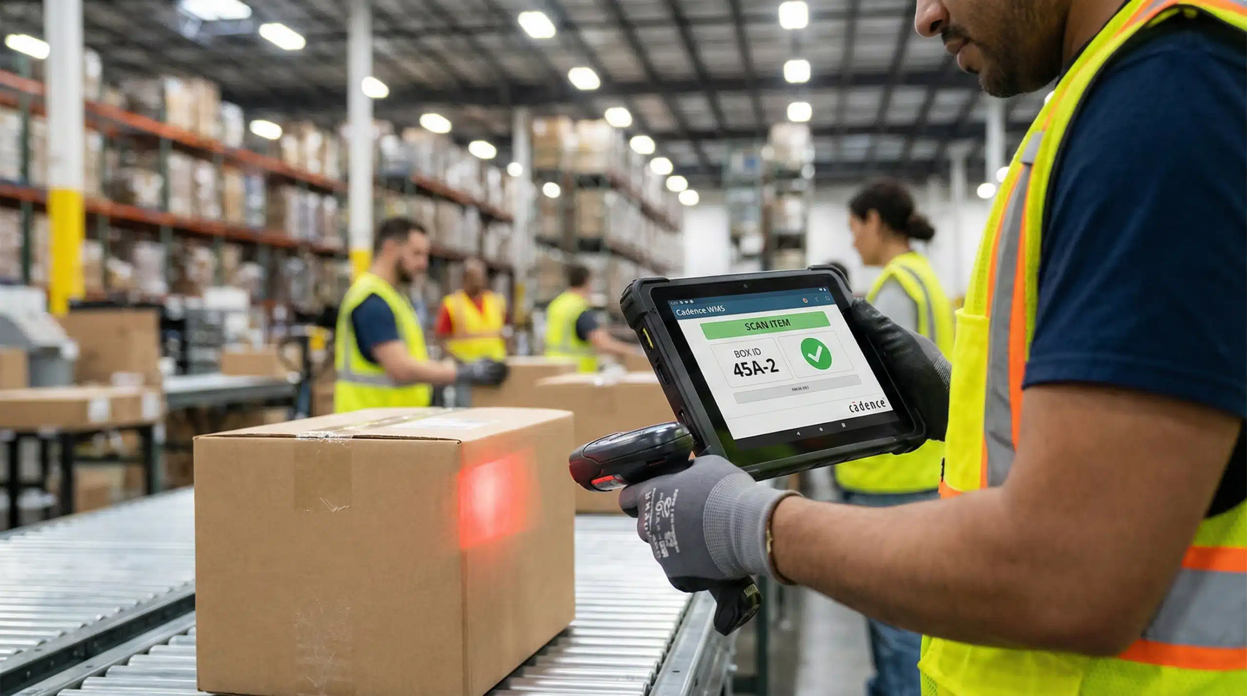 Cadence WMS warehouse management software showing worker scanning boxes in distribution center