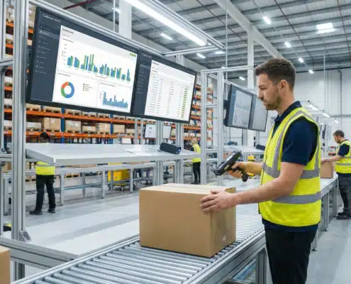 Cadence WMS software for 3PL warehouse management with worker scanning boxes on conveyor