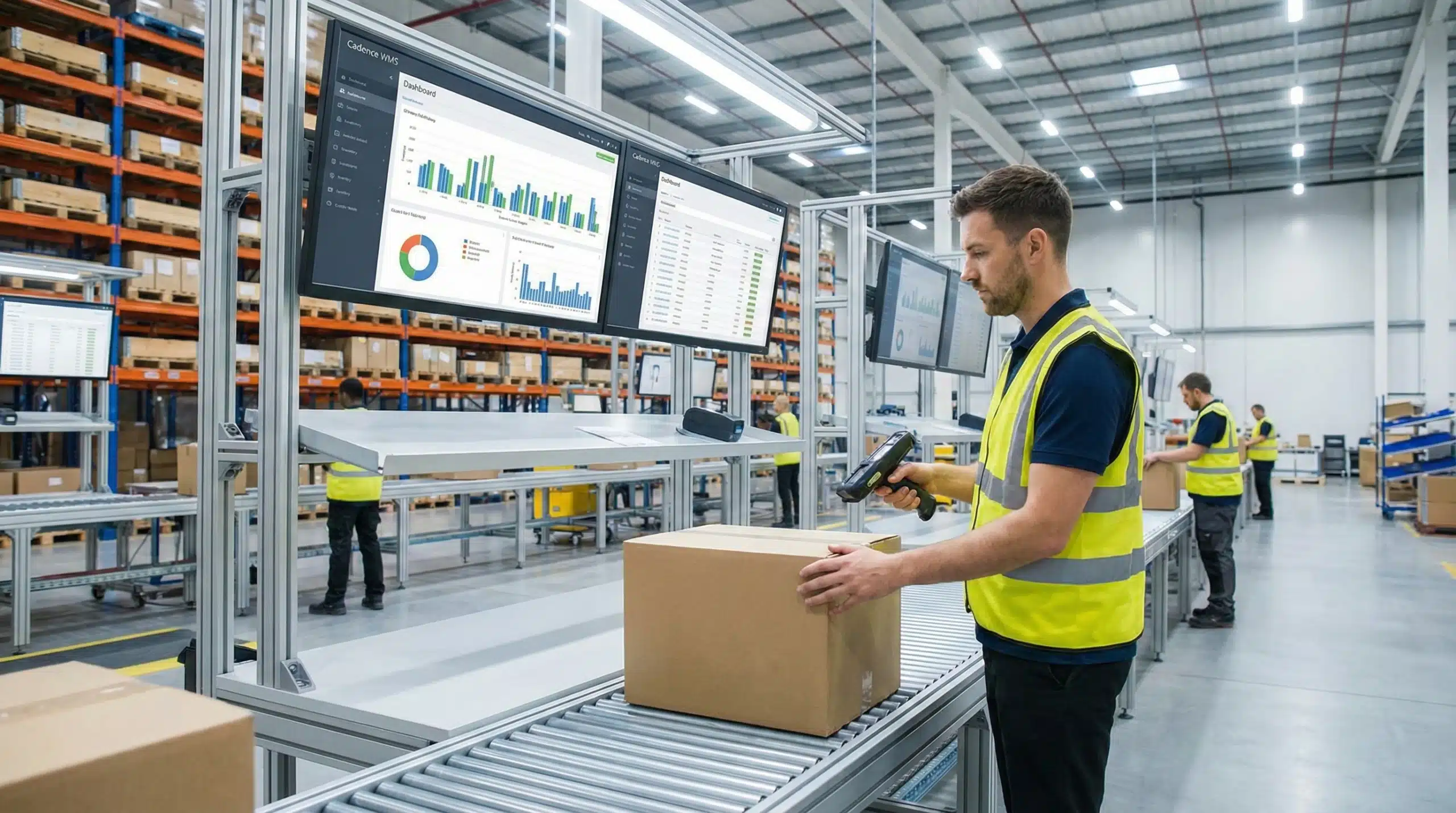 Cadence WMS software for 3PL warehouse management with worker scanning boxes on conveyor