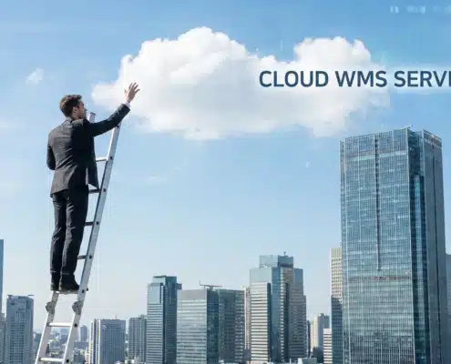 Businessman on ladder reaching for cloud above city buildings representing cloud WMS services