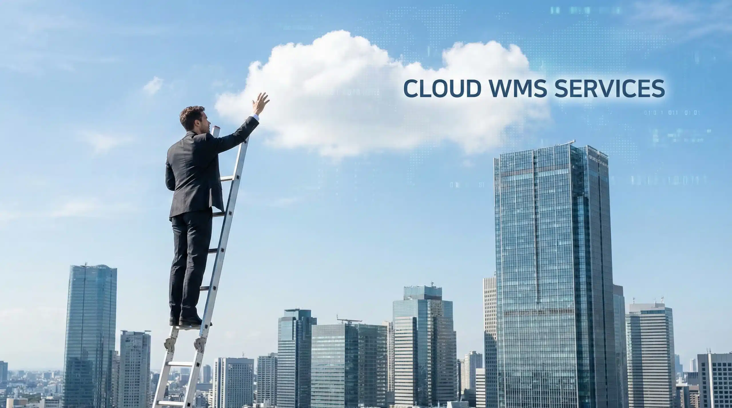 Businessman on ladder reaching for cloud above city buildings representing cloud WMS services