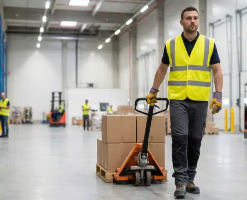Warehouse worker in safety vest pulling pallet jack through distribution center