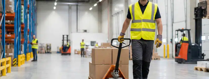 Warehouse worker in safety vest pulling pallet jack through distribution center