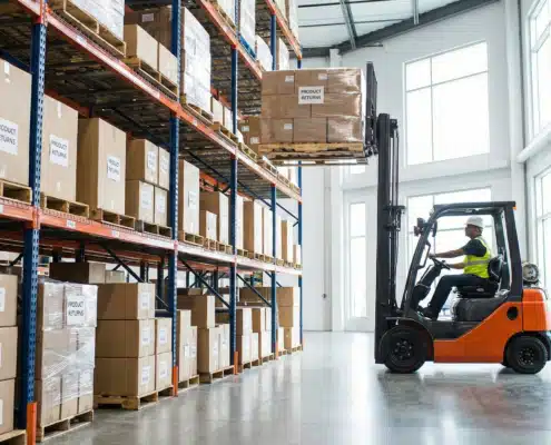 Orange warehouse forklift moving inventory on shelves for efficient product returns management